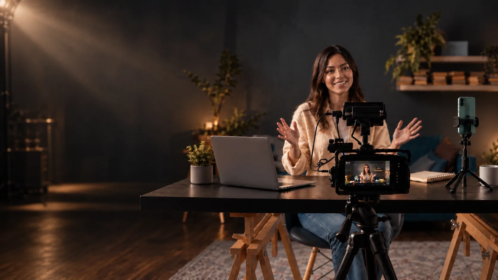 Snemanje videa v studiu z videokamero in ustvarjalko vsebin